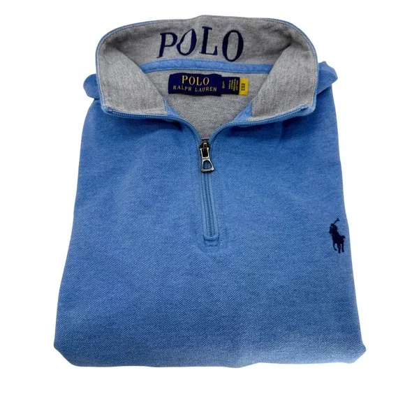 Polo Ralph Lauren Mens Blue Cotton Pique Quarter Zip Pullover Sweater Large LG - Picture 1 of 10